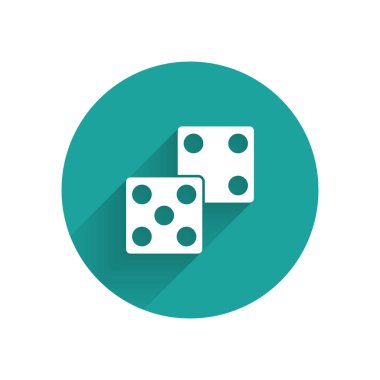 White Game dice icon isolated with long shadow. Casino gambling. Green circle button. Vector Illustration