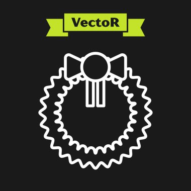 Beyaz çizgili Noel çelengi simgesi siyah arka planda izole edilmiş. Mutlu Noeller ve mutlu yıllar. Vektör İllüstrasyonu