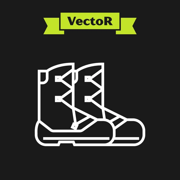 Weiße Linie Stiefel Symbol isoliert auf schwarzem Hintergrund. Vektorillustration — Stockvektor