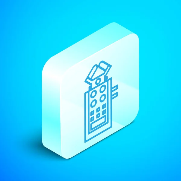 Isometric line Microphone icon isolated on blue background. On air radio mic microphone. Speaker sign. Silver square button. Vector Illustration — Stock Vector