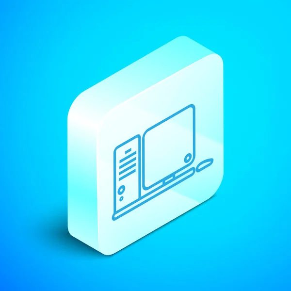 Isometrische Zeile Computermonitor mit Tastatur und Maussymbol isoliert auf blauem Hintergrund. PC-Komponenten-Zeichen. Silberner quadratischer Knopf. Vektorillustration — Stockvektor