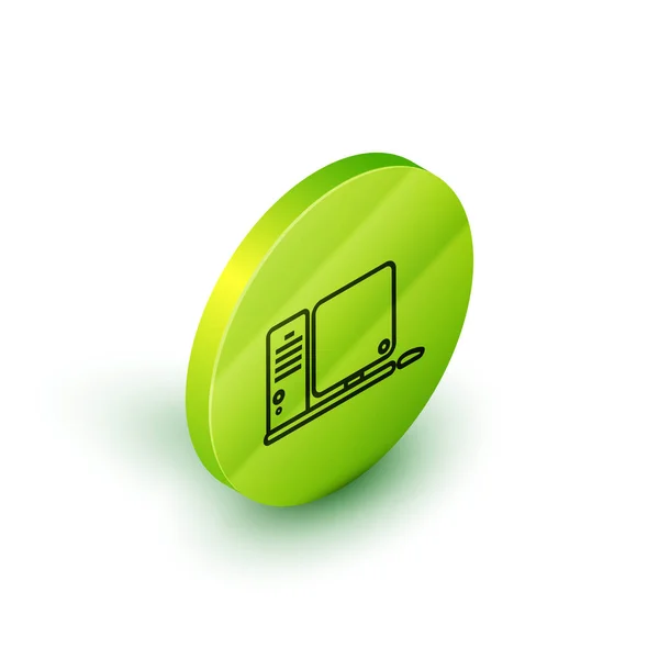 Línea isométrica Monitor de ordenador con teclado e icono del ratón aislado sobre fondo blanco. Signo de componente PC. Botón círculo verde. Ilustración vectorial — Archivo Imágenes Vectoriales