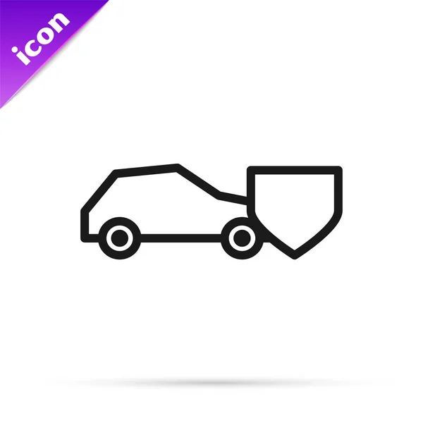 Linha preta Carro com ícone de escudo isolado no fundo branco. Conceito de seguro. Segurança, segurança, proteção, proteger o conceito. Ilustração vetorial — Vetor de Stock