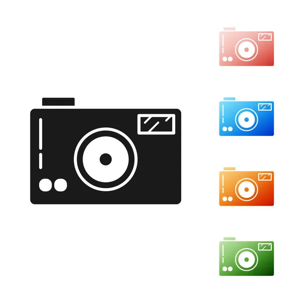 Schwarzes Fotokamera-Symbol isoliert auf weißem Hintergrund. Ikone der Fotokamera. Setzen Sie Symbole bunt. Vektorillustration — Stockvektor