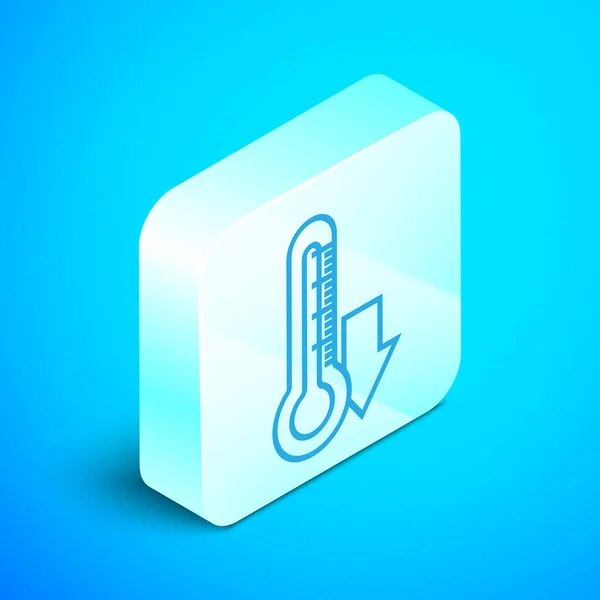 Isometric line Thermometer icon isolated on blue background. Silver square button. Vector Illustration — Stock Vector