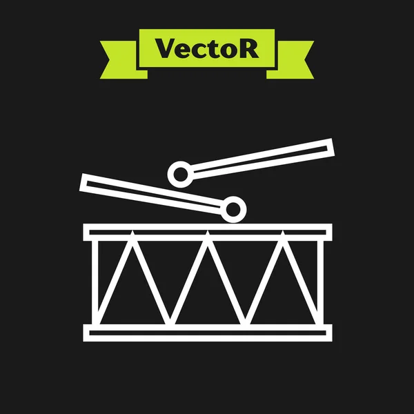 Weiße Linie Musikinstrument Trommel und Schlagzeug-Sticks Symbol isoliert auf schwarzem Hintergrund. Vektorillustration — Stockvektor