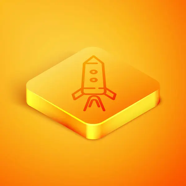 Isometric line Rocket ship with fire icon isolated on orange background. Space travel. Orange square button. Vector Illustration — Stock Vector