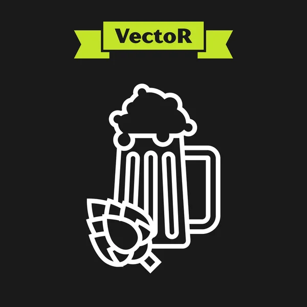 Белая линия Стекло пива и икона хмеля изолированы на черном фоне. Векторная миграция — стоковый вектор