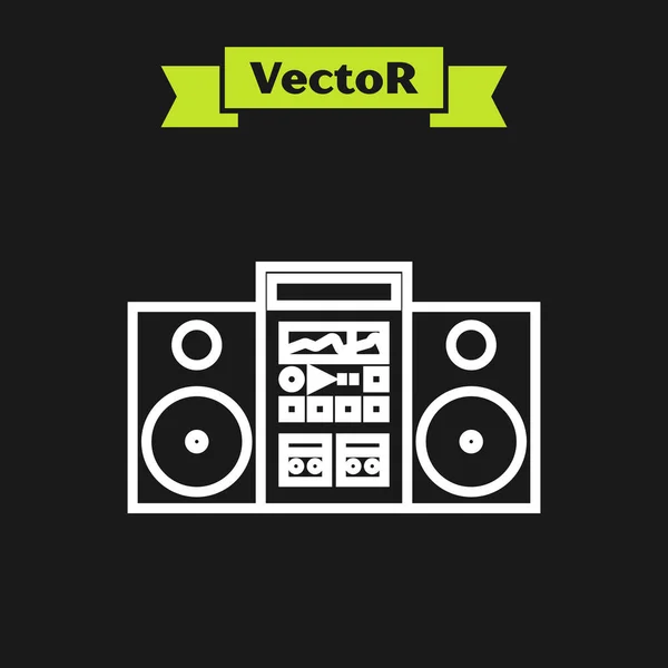 Linha branca Home stereo com dois alto-falantes ícone isolado no fundo preto. Sistema musical. Ilustração vetorial — Vetor de Stock