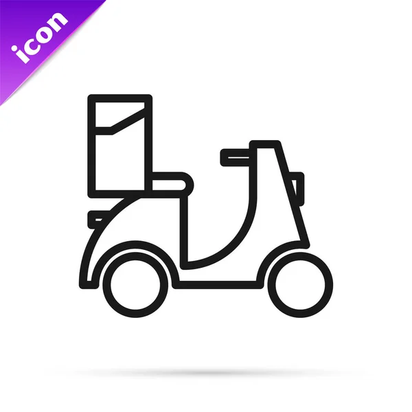 Zwarte lijn Scooter levering pictogram geïsoleerd op witte achtergrond. Bezorgingsconcept. Vector Illustratie — Stockvector