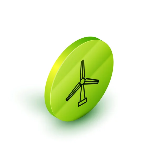 Linha isométrica Ícone da turbina eólica isolado sobre fundo branco. Sinal do gerador de vento. Silhueta de moinho de vento. Moinho de vento para produção de energia elétrica. Botão de círculo verde. Ilustração vetorial — Vetor de Stock