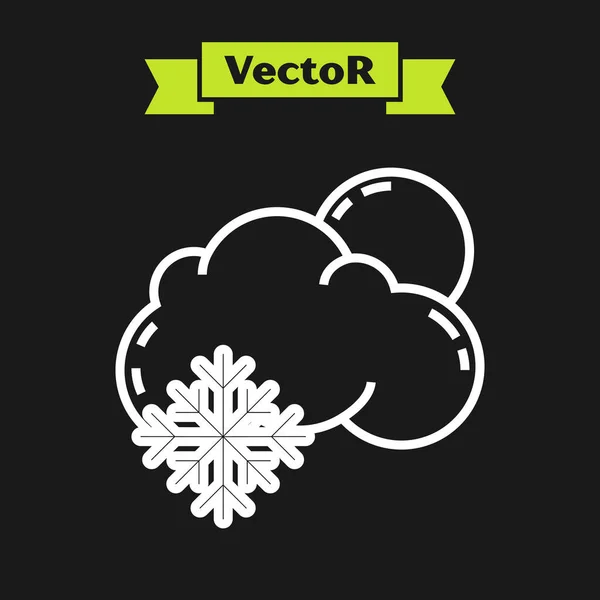 Weiße Linie Wolke mit Schnee und Sonne Symbol isoliert auf schwarzem Hintergrund. Wolke mit Schneeflocken. einzelnes Wettersymbol. Schneeschild. Vektorillustration — Stockvektor