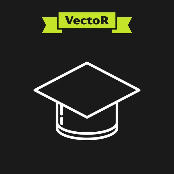 Linha branca ícone de boné de graduação isolado no fundo preto. Chapéu de graduação com ícone de borla. Ilustração vetorial — Vetor de Stock