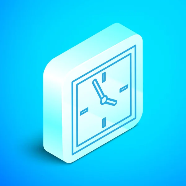 Isometrisk linje Klocka ikonen isolerad på blå bakgrund. Tidssymbol. Silverfyrkantig knapp. Vektor Illustration — Stock vektor