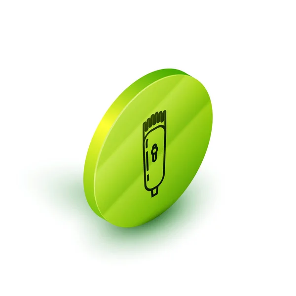 アイソメトリックライン白い背景に絶縁された電気式ヘアクリップまたはシェーバーアイコン。バーバーショップのシンボル緑色の丸ボタン。ベクターイラスト — ストックベクタ