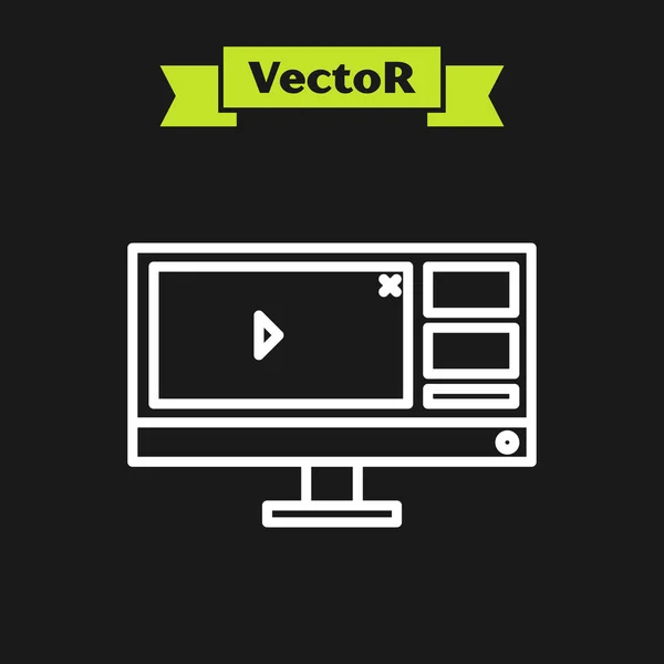 White Line Videorecorder oder Editor-Software auf Computerbildschirm-Symbol auf schwarzem Hintergrund isoliert. Vektorillustration — Stockvektor