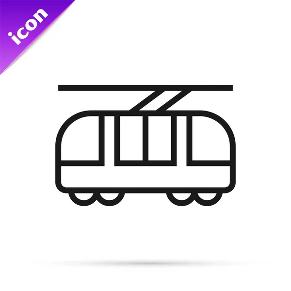 Zwarte lijn Tram en spoorwegpictogram geïsoleerd op witte achtergrond. Openbaar vervoer symbool. Vector Illustratie — Stockvector