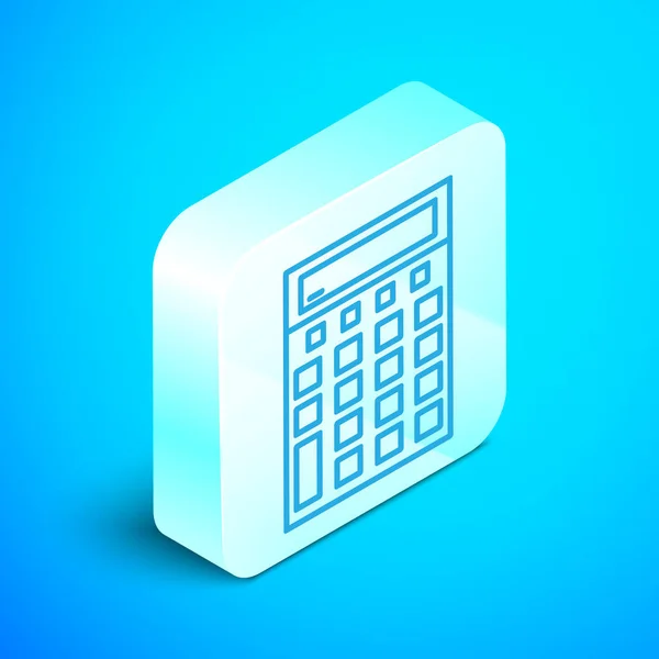 Icono de la calculadora de línea isométrica aislado sobre fondo azul. Símbolo contable. Cálculos de negocio matemáticas educación y finanzas. Botón cuadrado plateado. Ilustración vectorial — Vector de stock