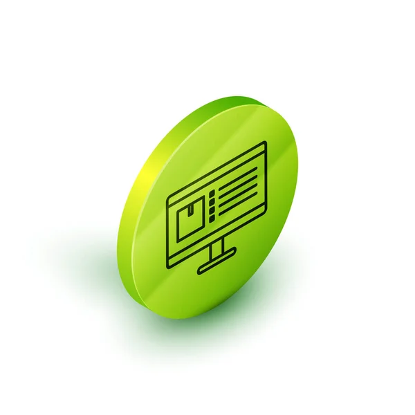 Isometrische lijn Computer monitor met app delivery tracking icoon geïsoleerd op witte achtergrond. Pakketpost volgen. Groene cirkel knop. Vector Illustratie — Stockvector