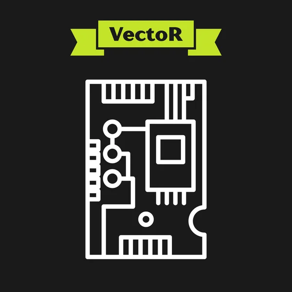 Weiße Linie elektronische Computerkomponenten Motherboard Digitalchip integrierte Wissenschaft Symbol isoliert auf schwarzem Hintergrund. Leiterplatte. Vektorillustration — Stockvektor