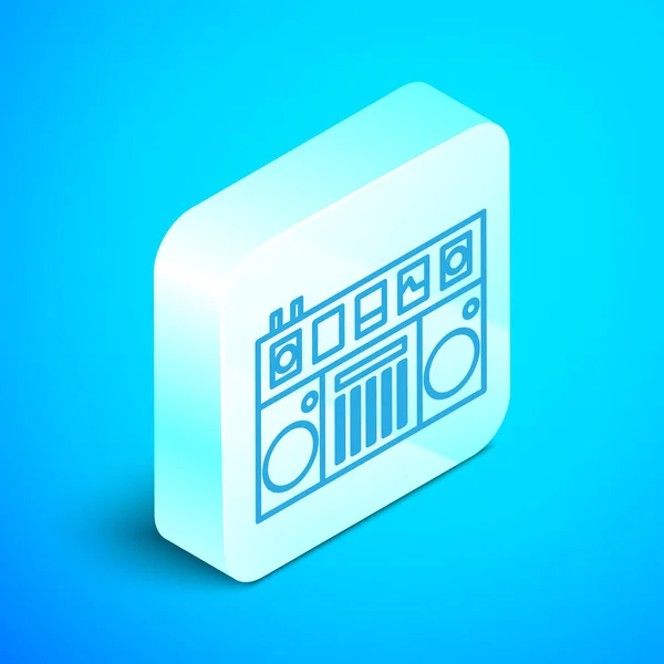 Isometric line DJ remote for playing and mixing music icon isolated on blue background. DJ mixer complete with vinyl player and remote control. Silver square button. Vector Illustration — ストックベクタ