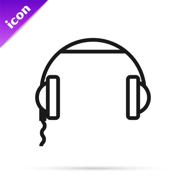 Icono de auriculares de línea negra aislado sobre fondo blanco. Signo de auriculares. Concepto para escuchar música, servicio, comunicación y operador. Ilustración vectorial — Vector de stock