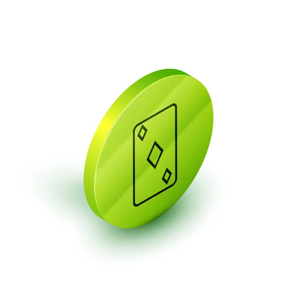 Linha isométrica Cartão de baralho com diamantes símbolo ícone isolado no fundo branco. Jogo de casino. Botão de círculo verde. Ilustração vetorial — Vetor de Stock