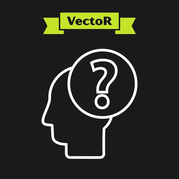 Linea bianca Testa umana con icona a punto interrogativo isolata su sfondo nero. Illustrazione vettoriale — Vettoriale Stock