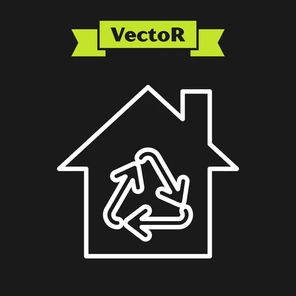 Ligne blanche Eco House avec icône symbole de recyclage isolé sur fond noir. Maison écologique avec des flèches de recyclage. Illustration vectorielle — Image vectorielle