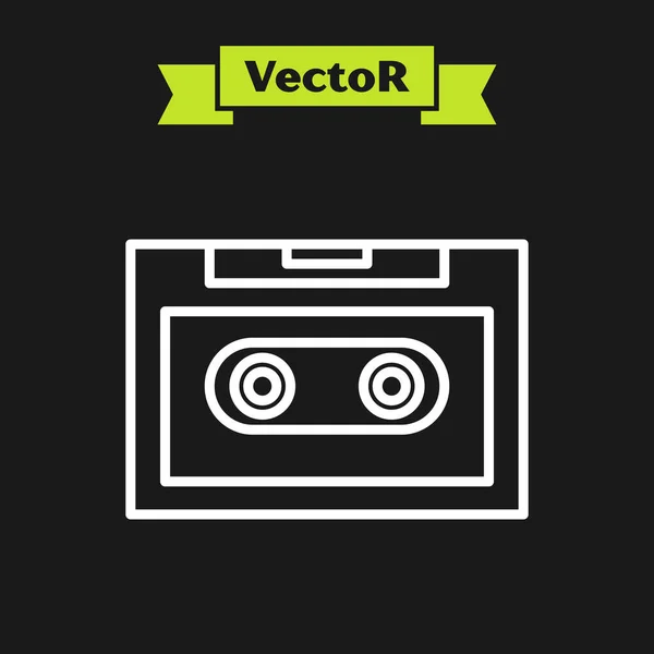Línea blanca Icono de cinta de casete de audio retro aislado sobre fondo negro. Ilustración vectorial — Vector de stock