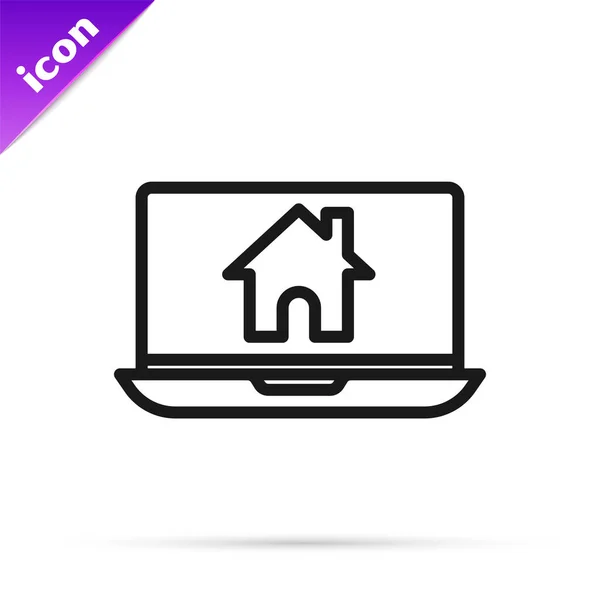 Svart linje Laptop och smart hem ikon isolerad på vit bakgrund. Fjärrkontroll. Vektor Illustration — Stock vektor