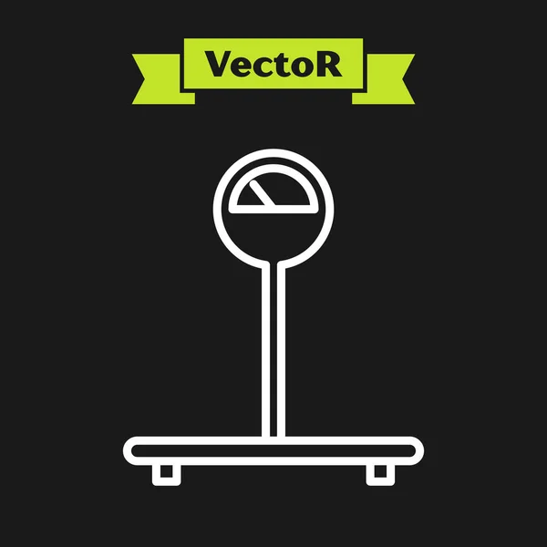 Weißes Skalierungssymbol isoliert auf schwarzem Hintergrund. Logistik und Lieferung. Gewicht der Lieferung Paket auf einer Waage. Vektorillustration — Stockvektor
