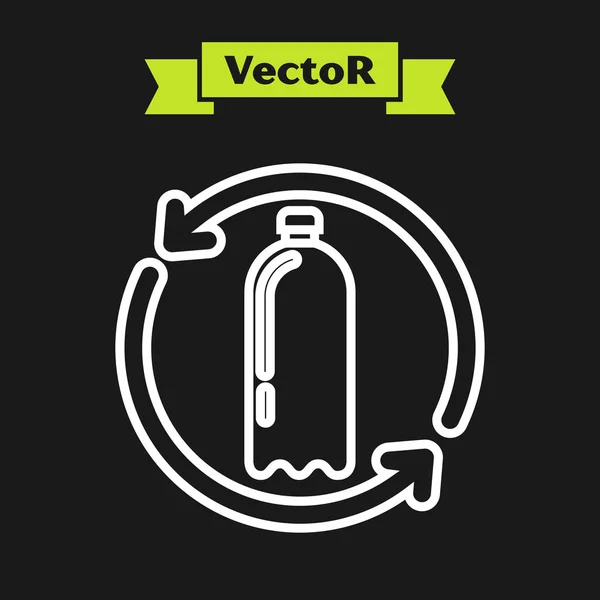 Weiße Linie Recycling-Plastikflasche Symbol isoliert auf schwarzem Hintergrund. Vektorillustration — Stockvektor