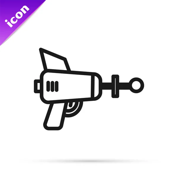 Icono de pistola Ray de línea negra aislado sobre fondo blanco. Arma láser. Espacial Blaster. Ilustración vectorial — Vector de stock