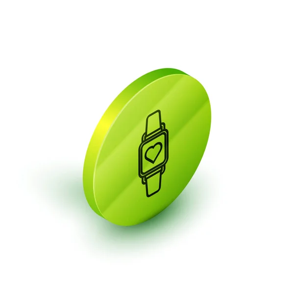 Isometrisk linje Smart klocka visar pulsikonen isolerad på vit bakgrund. Fitness App koncept. Grön cirkel knapp. Vektor Illustration — Stock vektor