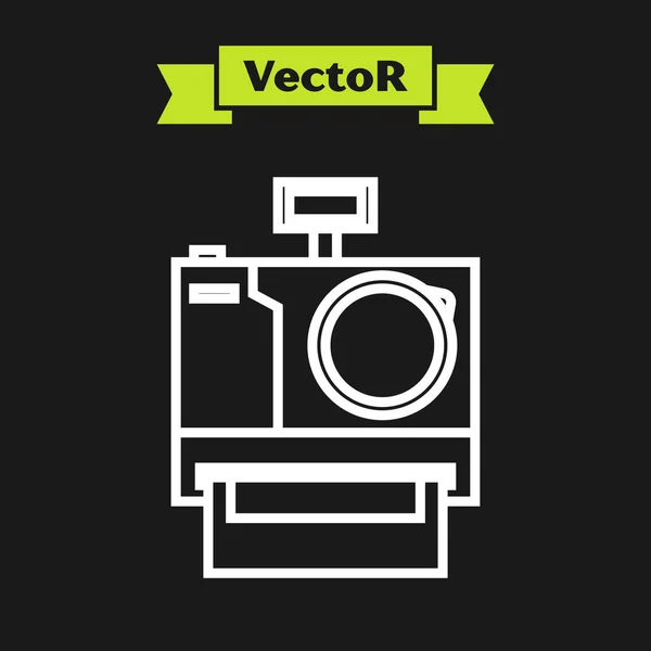 Línea blanca Icono de la cámara fotográfica aislado sobre fondo negro. Icono de cámara fotográfica. Ilustración vectorial — Vector de stock