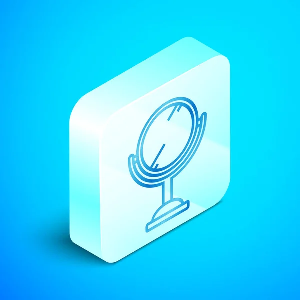 Izometrikus vonal Kézi tükör ikon elszigetelt kék háttér. Ezüst négyzet gomb. Vektorillusztráció — Stock Vector