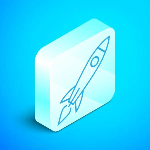 Linha isométrica Navio foguete com ícone de fogo isolado no fundo azul. Viagem espacial. Botão quadrado de prata. Ilustração vetorial —  Vetores de Stock