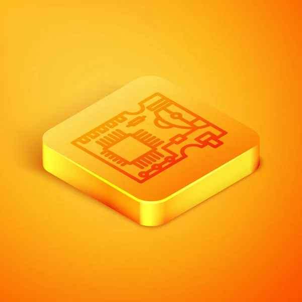 Isometric line Printed circuit board PCB icon isolated on orange background. Orange square button. Vector Illustration — Stock Vector
