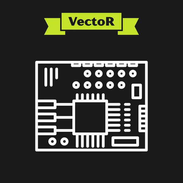 Línea blanca Icono de placa de circuito impreso PCB aislado sobre fondo negro. Ilustración vectorial — Vector de stock