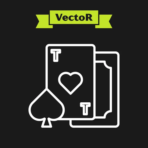 Linha branca Cartão de jogar com ícone de símbolo de coração isolado no fundo preto. Jogo de casino. Ilustração vetorial — Vetor de Stock