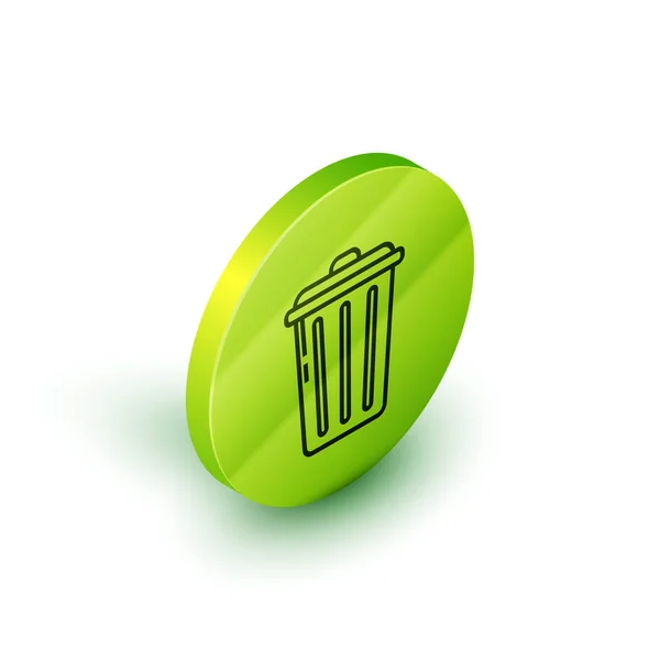 Isometric line Trash can icon isolated on white background. Garbage bin sign. Recycle basket icon. Office trash icon. Green circle button. Vector Illustration — Stock Vector