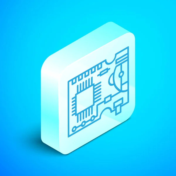Izometrická čára Deska tištěných obvodů Ikona Pcb izolovaná na modrém pozadí. Stříbrný knoflík. Vektorová ilustrace — Stockový vektor