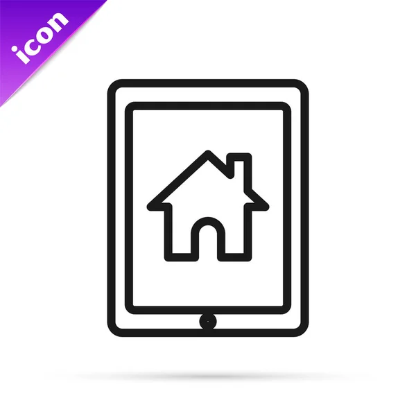Linha preta Tablet e ícone de casa inteligente isolado no fundo branco. Controlo remoto. Ilustração vetorial — Vetor de Stock