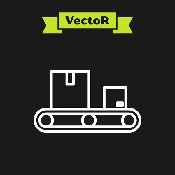 Белая линия конвейерной ленты с иконкой коробки картона изолированы на черном фоне. Векторная миграция — стоковый вектор