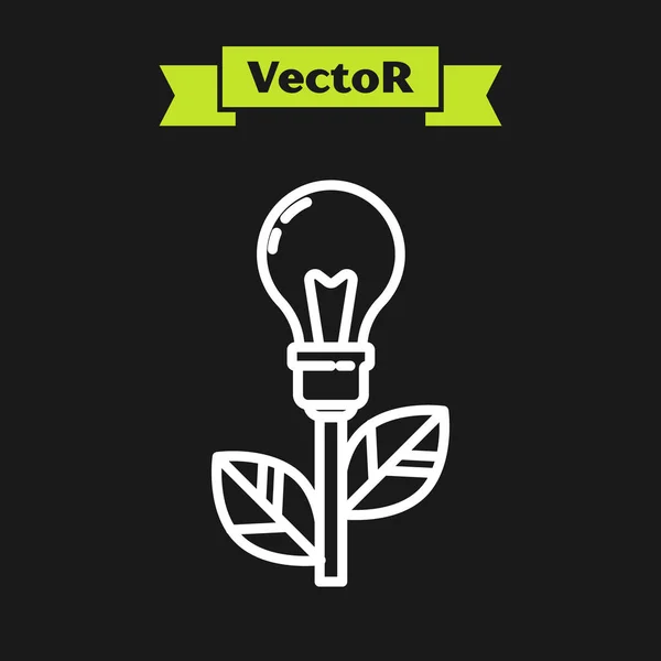 Weiße Linie Glühbirne mit Blatt-Symbol isoliert auf schwarzem Hintergrund. Ökoenergiekonzept. alternative Energiekonzepte. Vektorillustration — Stockvektor