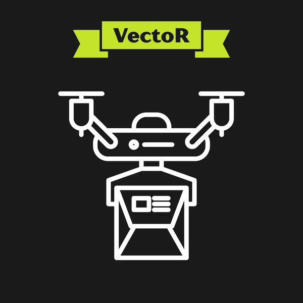 Beyaz çizgi Drone dağıtım konsepti simgesi siyah arkaplanda izole edildi. Quadrocopter bir paket taşıyor. Ulaşım, lojistik konsept. Vektör İllüstrasyonu — Stok Vektör