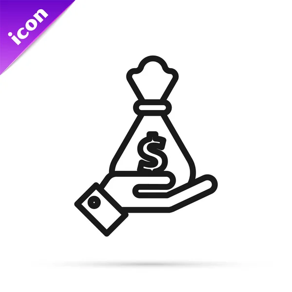 Línea negra Mano sosteniendo el icono de la bolsa de dinero aislado sobre fondo blanco. Dólar o símbolo USD. Signo de moneda bancaria en efectivo. Ilustración vectorial — Vector de stock