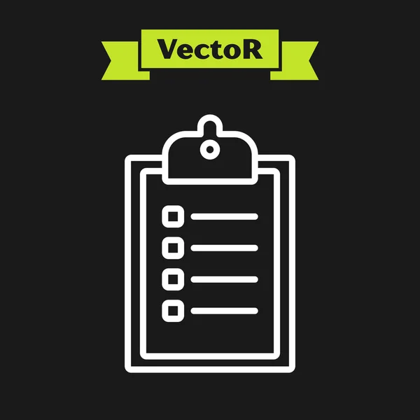 Línea blanca Verificación de la lista de entrega icono del portapapeles aislado sobre fondo negro. Ilustración vectorial — Vector de stock