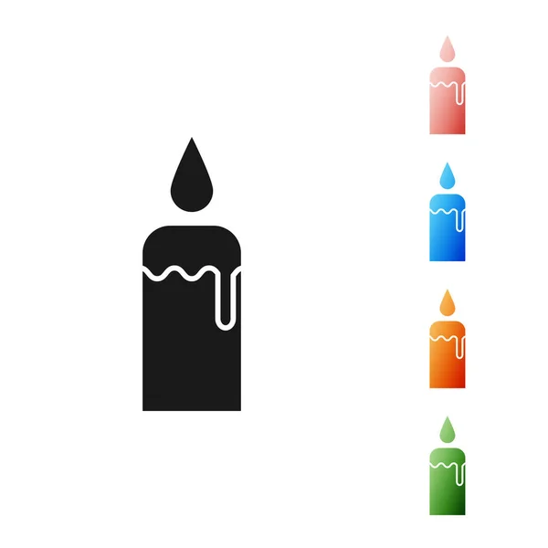 Fekete égő gyertya gyertyatartó ikon elszigetelt fehér háttérrel. Hengeres gyertya ragasztó égő lángokkal. Állítsa be az ikonok színes. Vektorillusztráció — Stock Vector